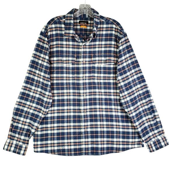 Orvis Flannel Shirt Men’s Size Large L Blue Plaid Cotton Button Up Long Sleeve - Picture 2 of 11